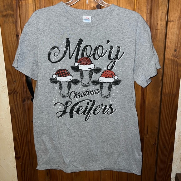 Delta Tops - Moory Christmas T Shirt M Western Cow